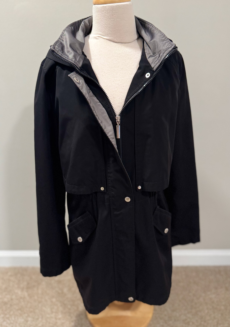 Nautica Womens Medium Black Hooded Anorak Raincoat Trench Coat Jacket Gorpcore